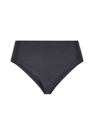 Čierne bikinové spodky s vysokým pásom z hladkého, elastického materiálu s jemným leskom, s čistým, bezšvovým dizajnom.