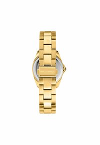 Goldfarbene Edelstahl-Uhr mit einem Metall-Gliederarmband und einem runden Ziffernblatt. Verfügt über eine glatte Lünette und den eingravierten Markennamen auf der Rückseite.