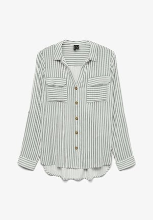 Valge pika varrukaga nööpidega särk, millel on õhukesed vertikaalsed rohelised triibud, kaks eesmist rinna taskut ja kaarjas alläär.