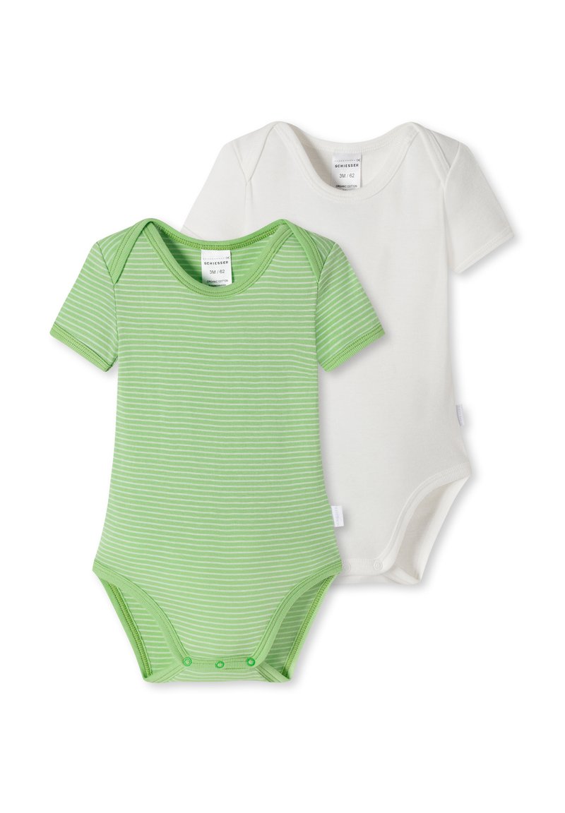 Twee baby rompers: de ene is groen met witte strepen, de andere is volledig wit. Beide hebben korte mouwen en drukknoopsluitingen aan de onderkant.