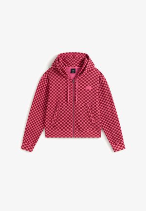 Felpa con cappuccio con cerniera a quadretti rosa e rosso scuro, con tasche frontali e cappuccio, distesa su sfondo bianco.