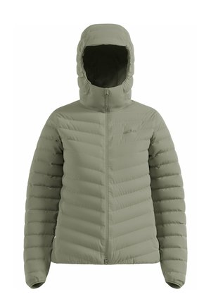 Grüne Steppdaunenjacke mit durchgehendem Reißverschluss und Kapuze. Horizontales Steppmuster, glatte Textur, ohne sichtbare Logos oder Akzente.