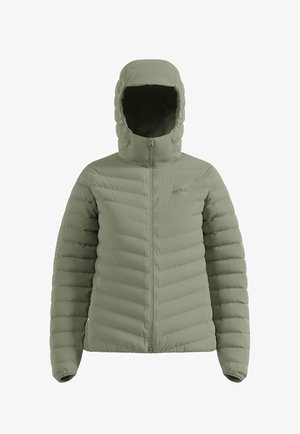 Green puffer jacket with a zip front and hood. Horizontal quilted design, smooth texture, and no visible logos or accents.