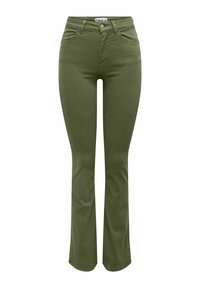 Jeans évasés vert olive à taille haute, avec une fermeture à bouton sur le devant, quatre poches et un tissu lisse et texturé.