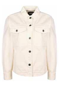 Krämfärgad denimjacka med krage, framtill knappstängning, två bröstfickor med klaffar och långa ärmar. Svarta knappar ger kontrast.