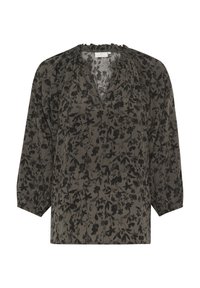 Blouse fluide en tissu léger, avec un fond vert foncé orné de motifs floraux noirs et un col froncé.