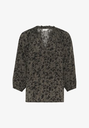 Luftige Bluse aus leichtem Stoff mit einem dunkelgrünen Hintergrund und schwarzen Blumenmustern sowie einem gerafften Ausschnitt.