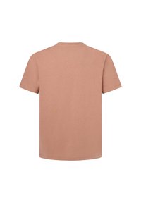 Camiseta de manga corta en suave algodón beige, con cuello redondo y dobladillo recto, de textura lisa y sin patrones visibles.