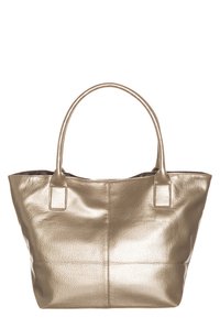 Borsa tote in pelle dorata lucida con due manici superiori e una superficie leggermente texture, esposta su uno sfondo bianco.