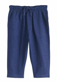 Donkerblauwe sportbroek gemaakt van zachte stof, met een elastische tailleband en een trekkoord, voorzien van een gladde textuur en taps toelopende pijpopeningen.