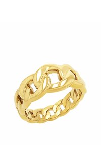 Anillo de eslabones de cadena en color dorado con superficie pulida y diseño entrelazado. Presenta una cadena más ancha en la parte delantera y una banda más estrecha en la parte trasera.