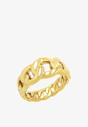 Bague en maillons de chaîne de couleur or avec une surface polie et un design entrelacé. Présente une chaîne plus large à l'avant et un anneau plus étroit à l'arrière.