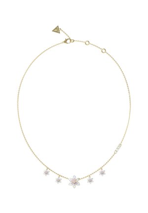 Collana in oro con cinque charms floreali, petali in smalto colorato e un dettaglio centrale in cristallo. Lunghezza regolabile con chiusura.