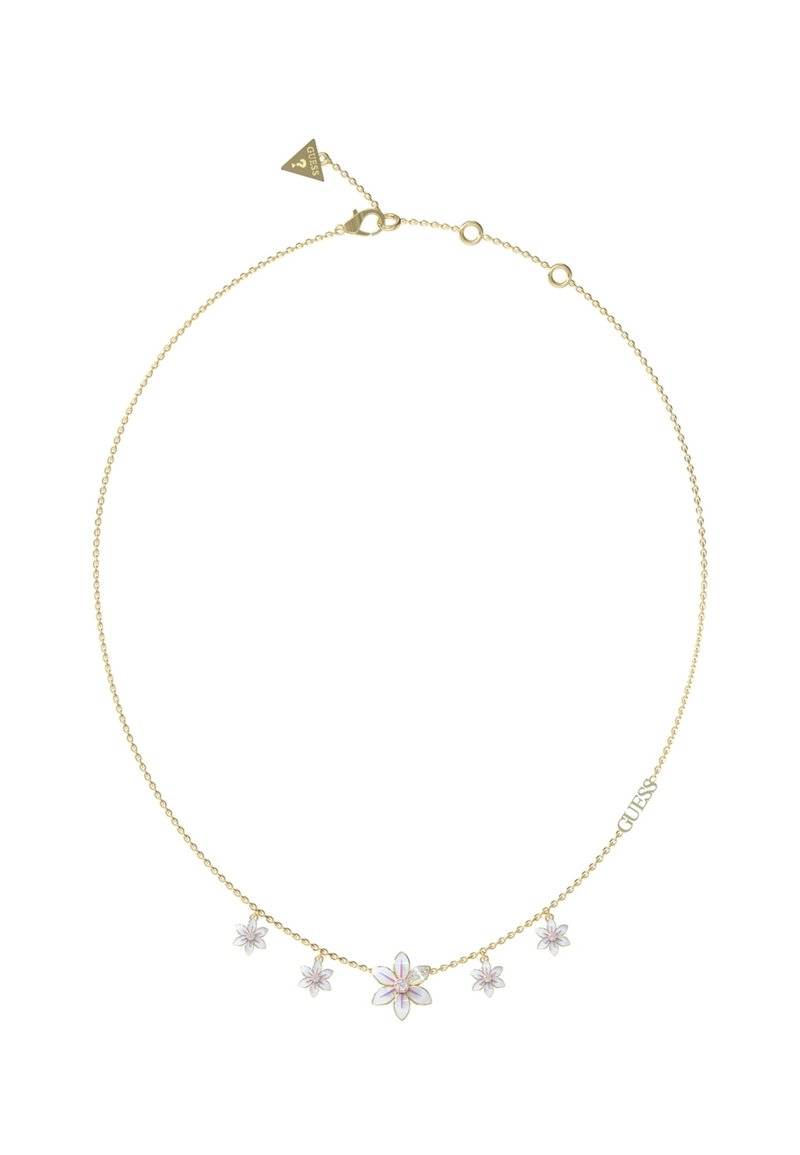Collana in oro con cinque charms floreali, petali in smalto colorato e un dettaglio centrale in cristallo. Lunghezza regolabile con chiusura.