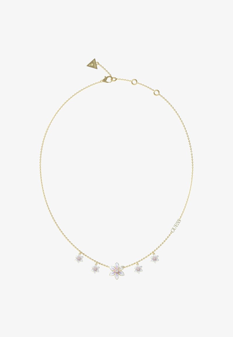 Goldene Kettenhalskette mit fünf floralen Anhängern, versehen mit farbigen Emailleblütenblättern und einem zentralen Kristalldetail. Verstellbare Länge mit einem Verschluss.