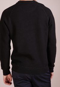 Black sweatshirt with long sleeves, ribbed cuffs and hem, round neckline, and a smooth texture, displayed from the back.