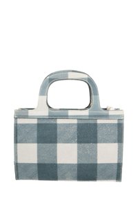 Borsa a tracolla a scacchi blu e bianca, realizzata in tessuto, con manici arrotondati e una forma rettangolare dal design strutturato.