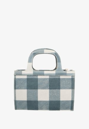 Geruite draagtas in blauw en wit, gemaakt van stof, met ronde handvatten en een rechthoekige vorm met een gestructureerd ontwerp.