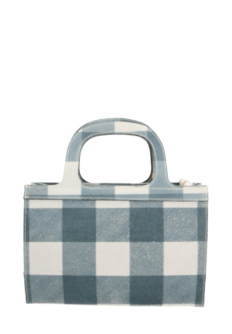 Geruite draagtas in blauw en wit, gemaakt van stof, met ronde handvatten en een rechthoekige vorm met een gestructureerd ontwerp.