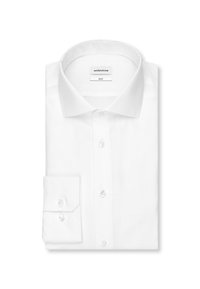 Witte slim-fit overhemd met klassieke kraag en manchetten met knopen, netjes opgevouwen, met "seidensticker" merklabel aan de binnenkant van de kraag.