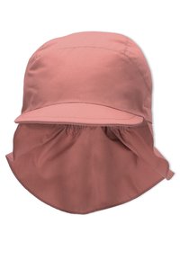 Rosa Polyester-Kappe mit gebogenem Schirm und abnehmbarem Nackenlatz. Sie verfügt über gestickte Details und elastisches Gather hinten.