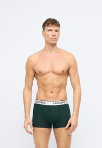 Grønne bomullsboxerbriefs med en merket hvit elastisk midjebånd, med en tettsittende design og jevn tekstur. Modellen står oppreist.