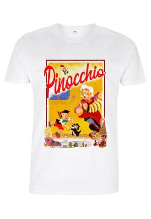 White t-shirt featuring an illustration of Pinocchio, Geppetto, and Figaro, with bright colors and a vintage design, framed with red accents.