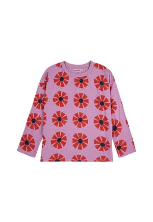 Chemise à manches longues violette avec des motifs de fleurs rouges dotées de centres noirs, fabriquée en coton doux. Encolure ronde, coupe décontractée.