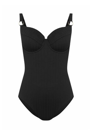 Black one-piece swimsuit with ribbed texture, underwire cups, adjustable straps, and gold-tone hardware accents. Smooth, form-fitting design.