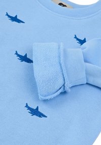 Jasnoniebieska bluza z ciemnoniebieskim haftem rekina. Posiada żebrowany okrągły dekolt oraz teksturowane mankiety rękawów. Wykonana z miękkiego materiału, o casualowym fasonie.
