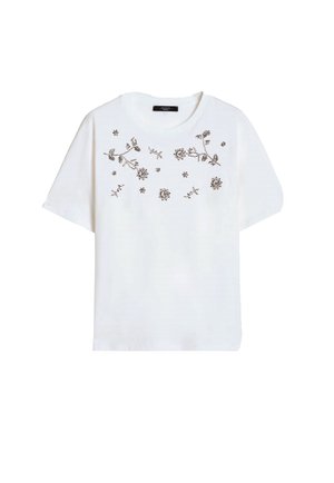 Top bianco a maniche corte con scollo tondo e ricamo floreale marrone sparso sul petto e sulla parte anteriore superiore.