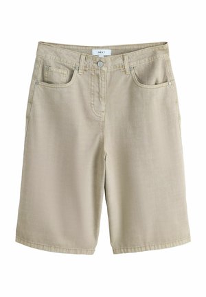 Béžové džínové šortky dĺžky po kolená s predným gombíkom, pútkami na opasok a dizajnom s piatimi vreckami.
