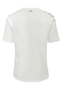 Weißes, kurzärmeliges Sportshirt mit rundem Halsausschnitt und schwarzen Mustern an den Schultern, aus leichtem, glattem Stoff gefertigt.