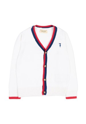 Cardigan bianco con bottoni, rifiniture rosse e blu navy, polsini a costine e piccolo logo ricamato blu navy sul petto a sinistra.
