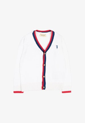 Cardigan bianco con bottoni, rifiniture rosse e blu navy, polsini a costine e piccolo logo ricamato blu navy sul petto a sinistra.