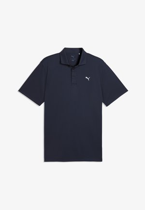 Marineblauw poloshirt gemaakt van een katoenmix, met een twee-knops sluiting en een wit logo op de linkerborst. Korte mouwen en een gladde textuur.