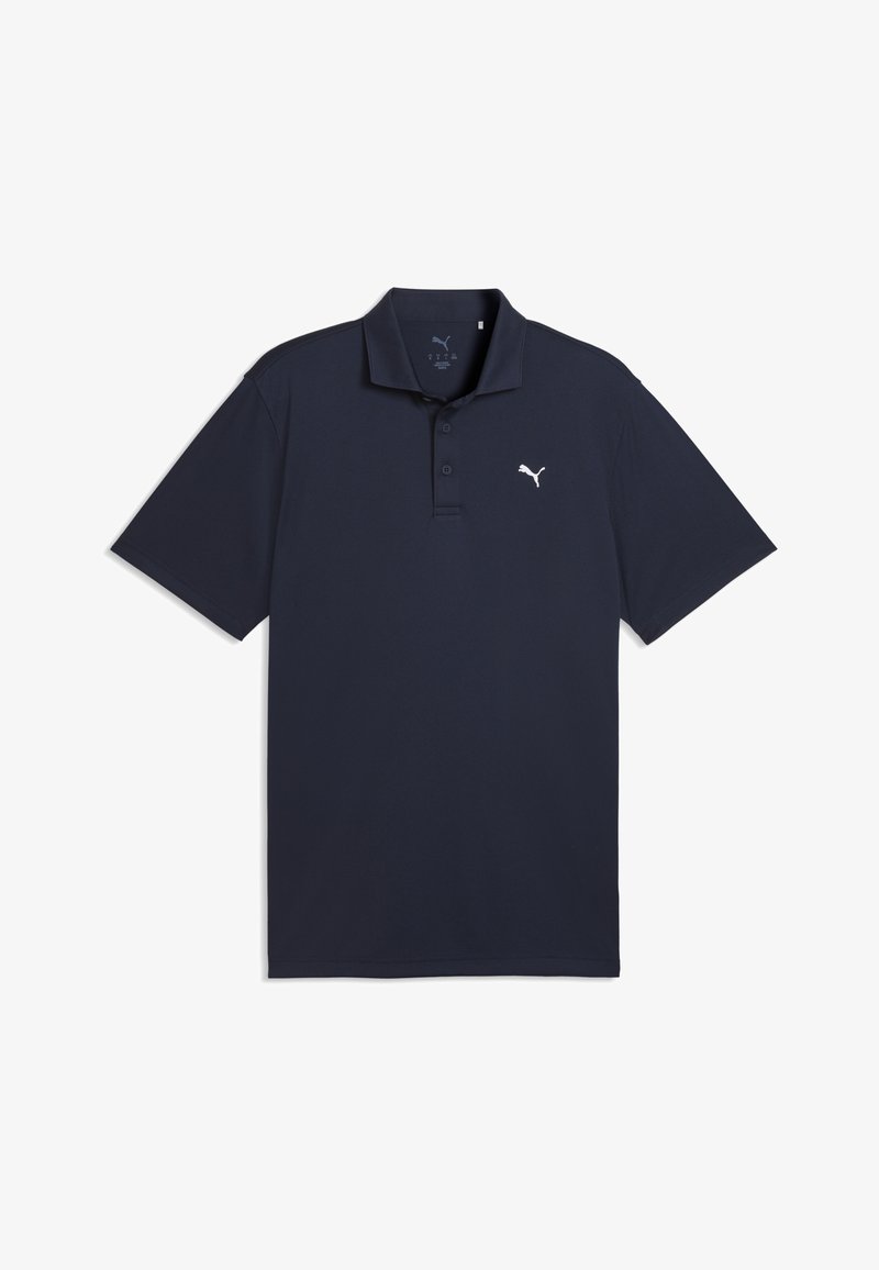 Polo azul marino hecho de mezcla de algodón, con una tapeta de dos botones y un logo blanco en el pecho izquierdo. Mangas cortas y textura suave.
