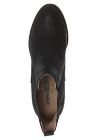 Botte Chelsea en cuir noir avec panneaux élastiques sur les côtés et languette à l'arrière, vue de dessus montrant le logo à l'intérieur.
