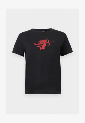 Juoda trumpomis rankovėmis marškinėliai su raudonu kupido piešiniu, laikantį lanką ir strėlę, centre krūtinės srityje.