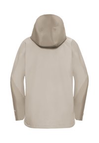 Giacca impermeabile beige con cappuccio, texture liscia, maniche lunghe e orlo posteriore leggermente allungato. Presenta elementi di design minimalista.