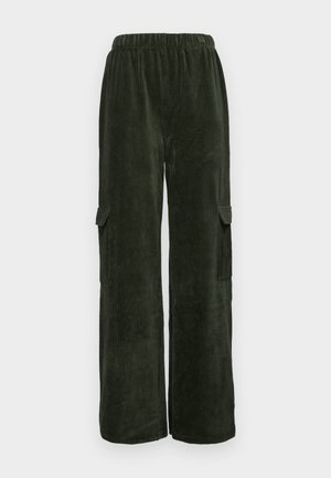Dark green corduroy cargo pants with a loose fit, featuring two side pockets and a comfortable elastic waistband. Textured fabric.