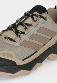 Μπεζ και μαύρο παπούτσι πεζοπορίας Adidas Terrex με μαύρα και λευκά κορδόνια και ανθεκτική σόλα σχεδιασμένη για υπαίθριες δραστηριότητες.
