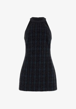 Schwarz-blaues strukturiertes Kleid mit hohem Ausschnitt, figurbetontem Oberteil und kontrastierenden schwarzen Akzenten entlang der Armlöcher und Seiten.