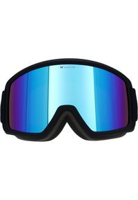 Skibril met een zwart frame, grote blauwe spiegelende lens, zachte schuimvoering en een verstelbare band voor een veilige pasvorm.
