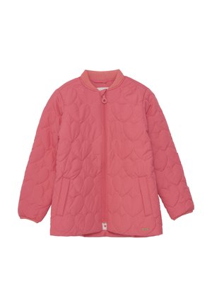 Gequilted roze jack met een ronde kraag, volledige ritssluiting aan de voorkant, ribgebreide manchetten en een hartvormig patroon op de stof. Twee zijzakken.