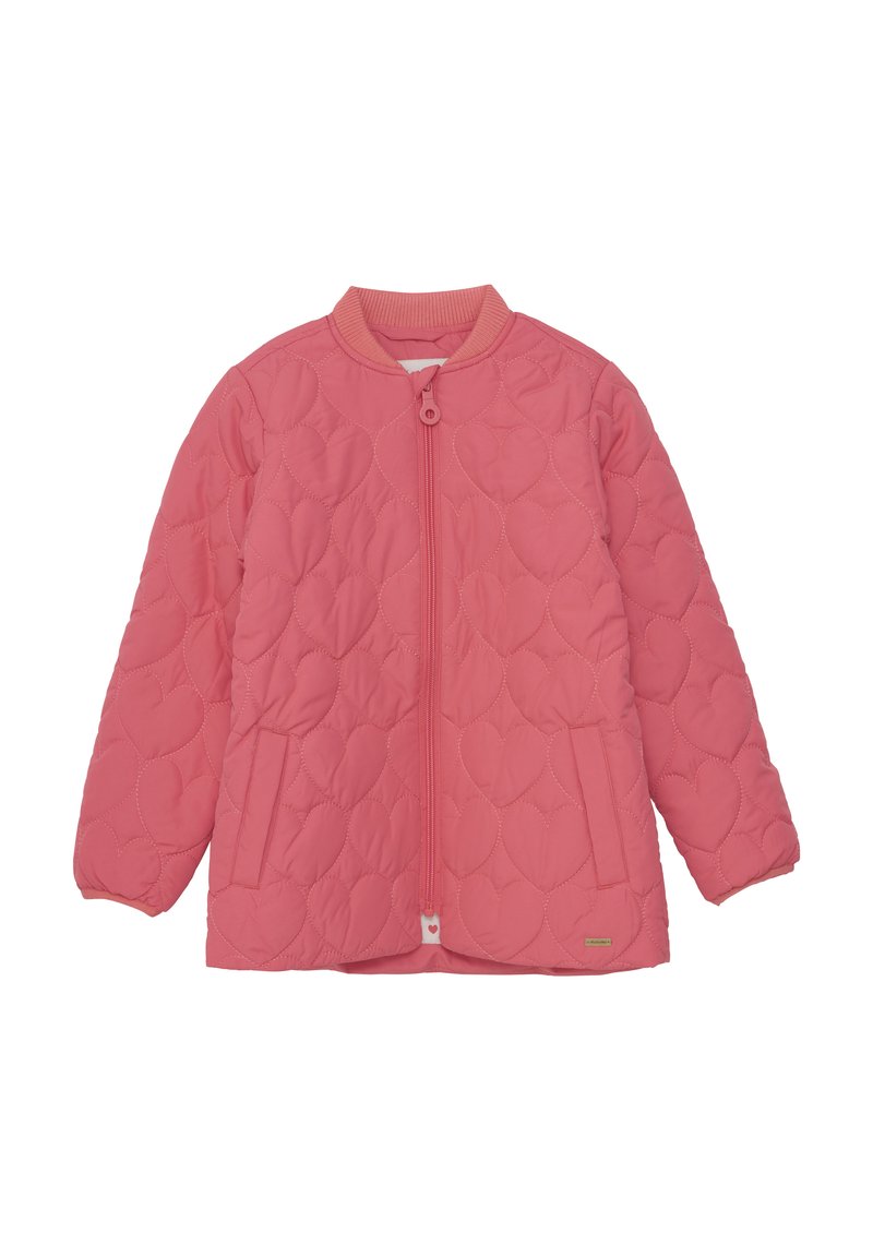 Täckjacka i rosa med quiltat mönster, rund krage, hel dragkedja fram, ribbade ärmslut och hjärtformad design på tyget. Två sidofickor.