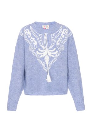 Hele sinine kootud sviiter pikkade varrukatega, millel on valge tikand ja salle detail kaelas. Pehme tekstuur, lühikese sisselõikega disain.