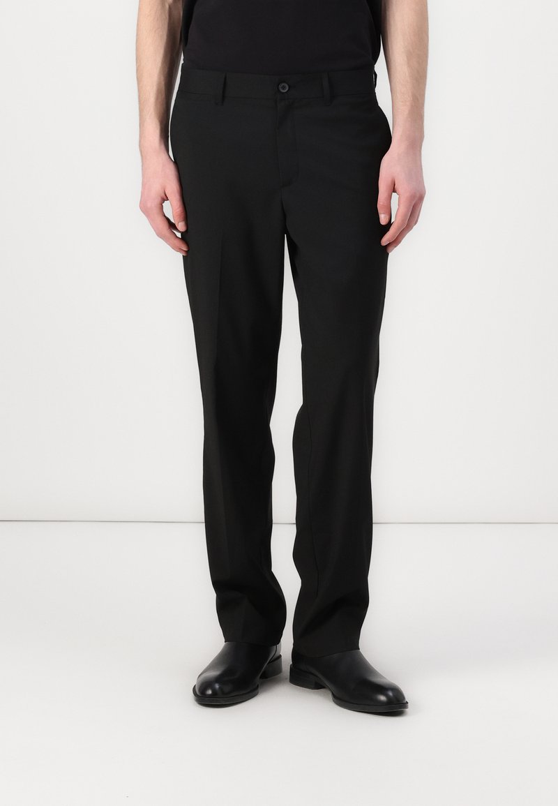 Black trousers feature a straight-leg design, made of smooth fabric, with a mid-rise waist and a single button closure.