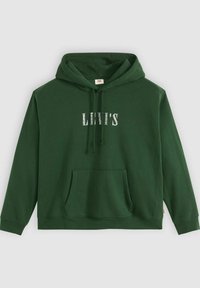 Sudadera con capucha verde, hecha de una mezcla de algodón, con un bolsillo tipo canguro en la parte frontal y el logo "LEVI'S" en blanco con una fuente texturizada.