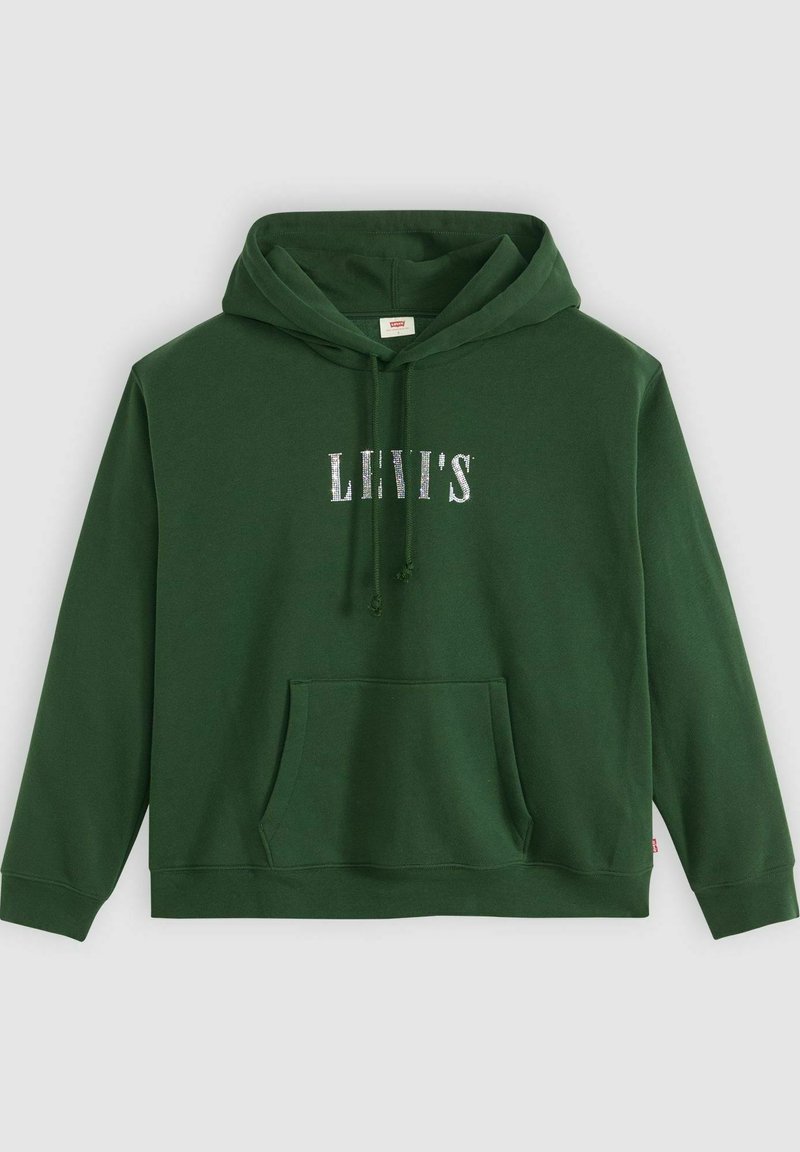 Grön huvtröja i en bomullsblandning, med en framkant ficka och vit "LEVI'S" logotyp i en texturerad font.